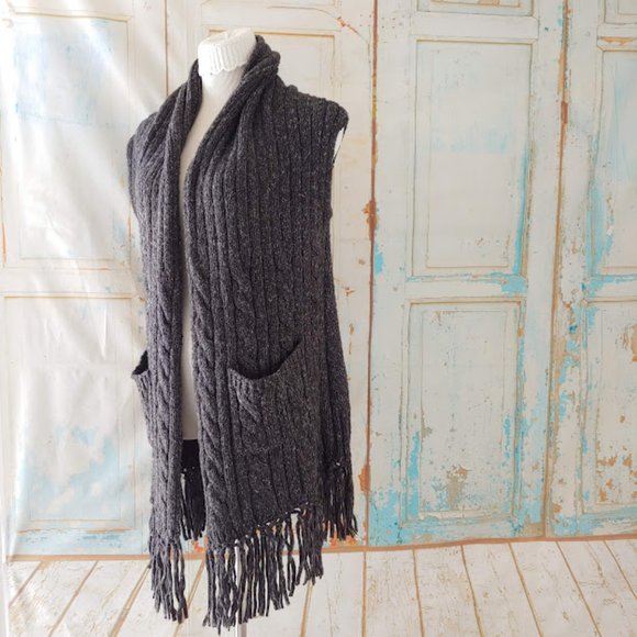 CAbi fringe pocket cable knit open front cardigan duster sweater/XS/gray - Picture 9 of 10